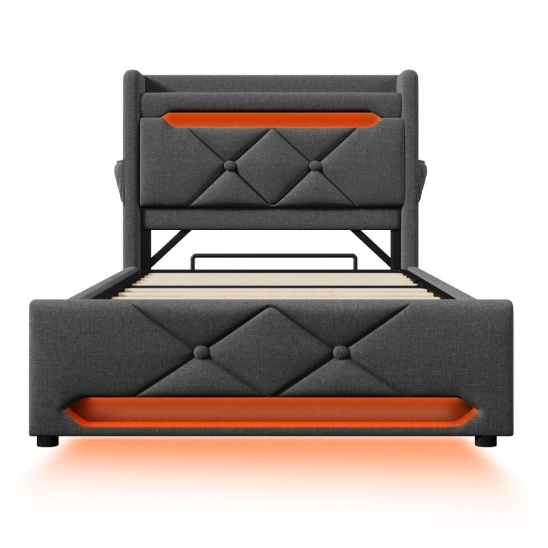 Polsterbett Einzelbett 90*200, Stauraum Kopfteil mit USB und Typ C-Port ,360-Surround-LED-Funktion rund um Kopf- und Fußende des, Betten mit Hydraulisch Stauraum, Grau , Leinen(Mit Matratze)