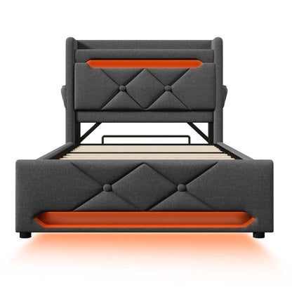 Polsterbett Einzelbett 90*200, Stauraum Kopfteil mit USB und Typ C-Port ,360-Surround-LED-Funktion rund um Kopf- und Fußende des, Betten mit Hydraulisch Stauraum, Grau , Leinen(Mit Matratze)