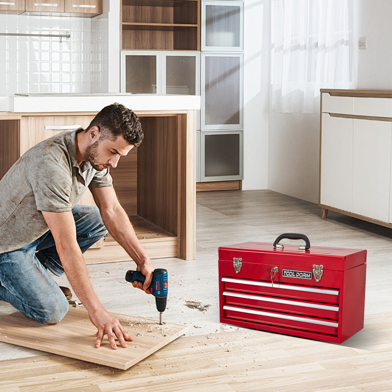 20,3 Zoll Metall-Werkzeugkasten mit Schubladen, tragbarer Werkzeugkasten aus Stahlmetall  (rot, 3 Schubladen)