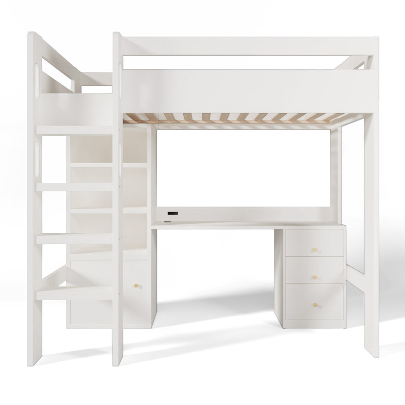 Kinderbett Hochbett mit USB-C Schreibtisch, Kleiderschrank und Aktenschrank, Jugendbett  Einzelbett mit Treppe und Lattenrost, Stauraum,90×200, Ohne Matratze