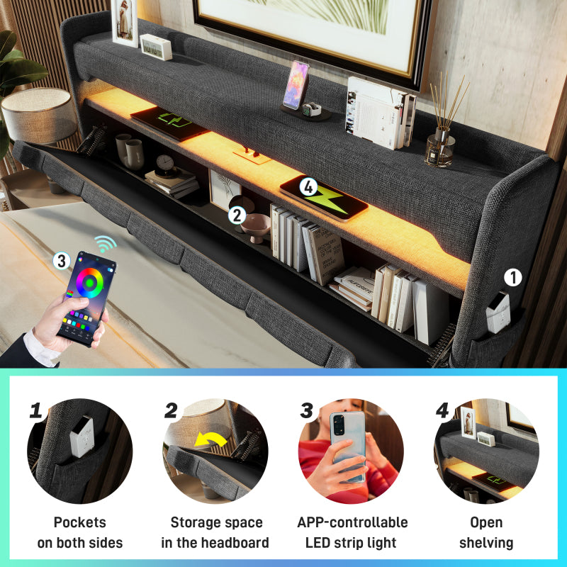 Polsterbett Doppelbett 160*200, Stauraum Kopfteil mit USB und Typ C-Port ,360-Surround-LED-Funktion rund um Kopf- und Fußende des, Betten mit Hydraulisch Stauraum, Grau , Leinen(Ohne Matratze)