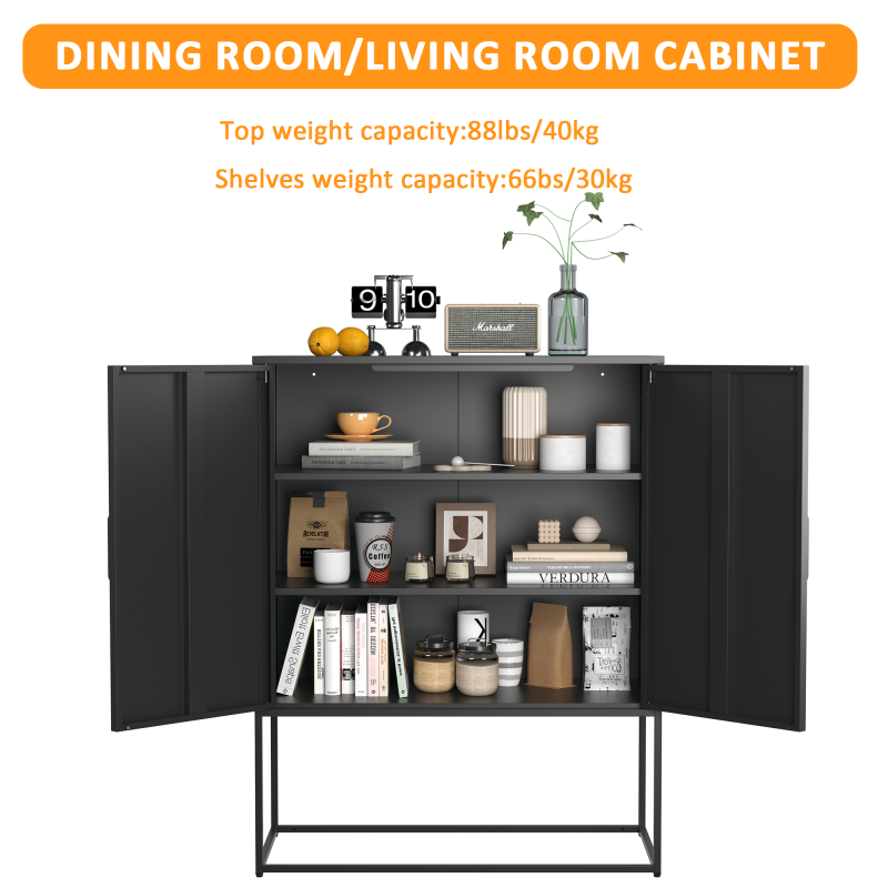 Metall-Sideboard,Lagerschrank– 2 Regale, freistehender Stahlschrank, Magnettüren, Anti-Kipp-Sicherung, Wohnzimmer, Küche, Büro, Schwarz, H 109 cm × B 85 cm × T 40 cm