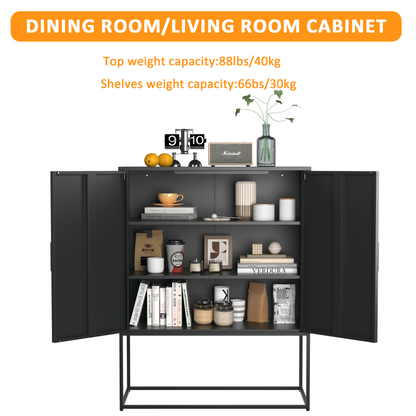 Metall-Sideboard,Lagerschrank– 2 Regale, freistehender Stahlschrank, Magnettüren, Anti-Kipp-Sicherung, Wohnzimmer, Küche, Büro, Schwarz, H 109 cm × B 85 cm × T 40 cm