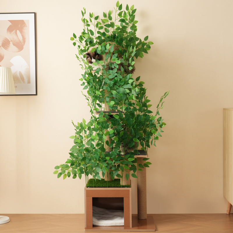 Kratzbaum in Baumform mit 4 Plattformen und Katzenlöchern – haustiersicheres Material, abnehmbare Blätter, geeignet für Katzen zum Verstecken, Klettern 190 cm