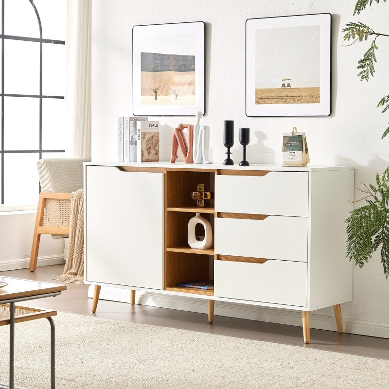 Modernes weißes Sideboard mit Einlegeböden, 3 Schubladen und offenem Stauraum, mit Kippschutz-Design – geeignet für Küche, Esszimmer und Wohnzimmer