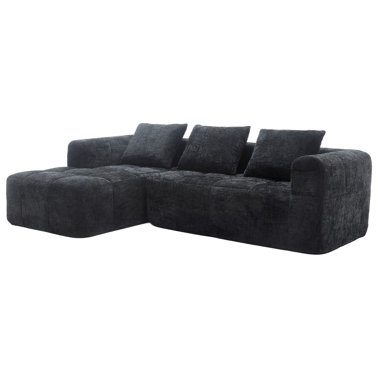 Modernes Sektionssofa, L-Sofa, 3-Sitzer-Sofa, keine Installation erforderlich, Chenille-Sofa mit Chaiselongue und Armlehnen, 3 Kissen, Seitentasche für Fernbedienung, Schwarz