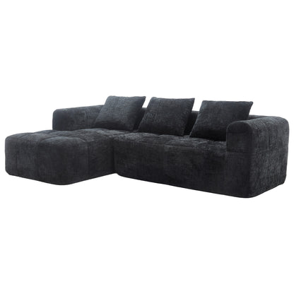 Modernes Sektionssofa, L-Sofa, 3-Sitzer-Sofa, keine Installation erforderlich, Chenille-Sofa mit Chaiselongue und Armlehnen, 3 Kissen, Seitentasche für Fernbedienung, Schwarz