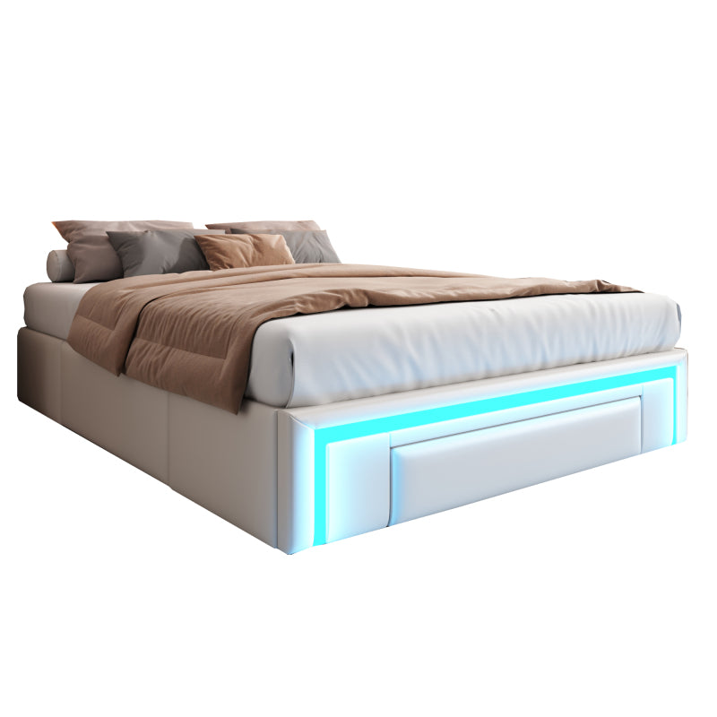 Bettgestell 140X200 mit Schubladen, PU-Leder Bett ohne Kopfteil Mit LED-Lichtleiste, MetalllattenPlattformbett für moderne Schlafzimmer Beige