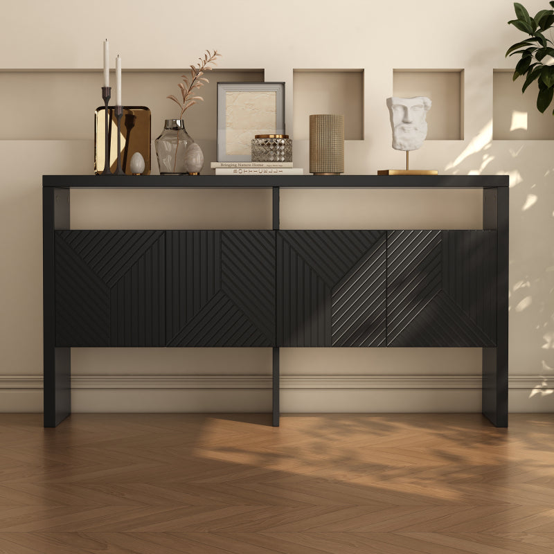 Kommode / Sideboard / Flurschrank mit 2 offenen Fächern und 4 Türen, Schwarz