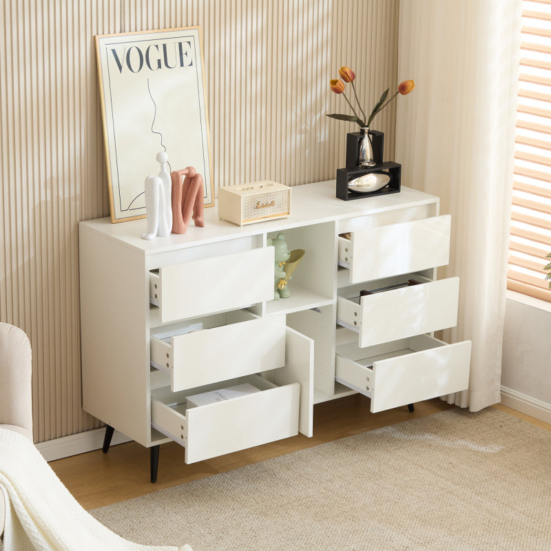 Modernes weißes Sideboard mit LED-Beleuchtung, 6 geräuschlosen Schubladen, Push-Open-Türen, Hochglanzlackierung, mattschwarzen Metallbeinen, 120x40x80 cm – ideal für Küchen, Ess- und Wohnbereiche