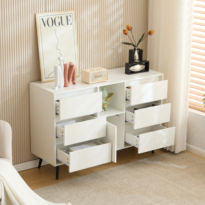 Modernes weißes Sideboard mit LED-Beleuchtung, 6 geräuschlosen Schubladen, Push-Open-Türen, Hochglanzlackierung, mattschwarzen Metallbeinen, 120x40x80 cm – ideal für Küchen, Ess- und Wohnbereiche