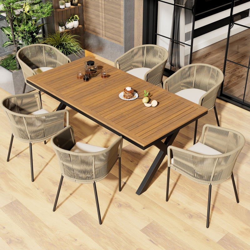 Garten-Essgruppe, 7-tlg, Garten-Lounge-Set aus Seil, 6 Sessel und 1 Tisch, Tisch aus Akazienholz, Mit Fußpolstern und sechs Sitzkissen, abnehmbar und waschbar
