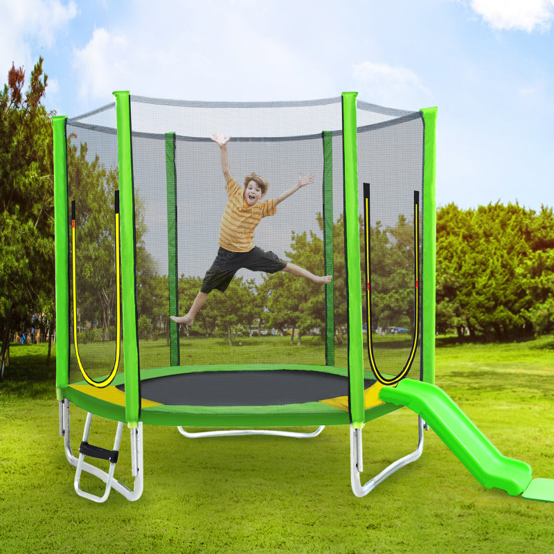 Kinder Trampolin Outdoor Ø 213 cm Gartentrampolin mit Rutsche, Leiter, Netz, Doppeltür und Gepolsterten Stangen,TÜV Zertifiziert,bis 100 kg