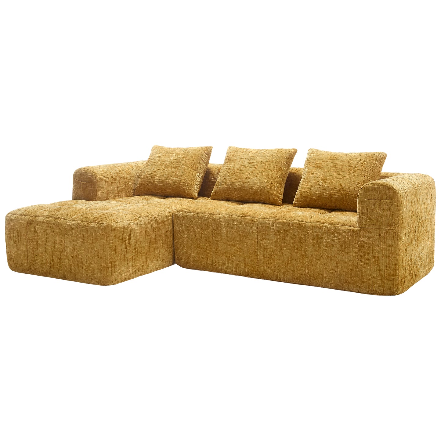 Modernes Sektionssofa, L-Sofa, 3-Sitzer-Sofa, keine Installation erforderlich, Chenille-Sofa mit Chaiselongue und Armlehnen, 3 Kissen, Seitentasche für Fernbedienung, Gelb