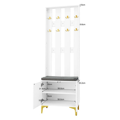 Hoher Garderobenschrank mit Wellentüren, Push-to-Open, verstellbaren Regalen & Goldakzenten, Weiß, 60,5×35,2×180,5 cm