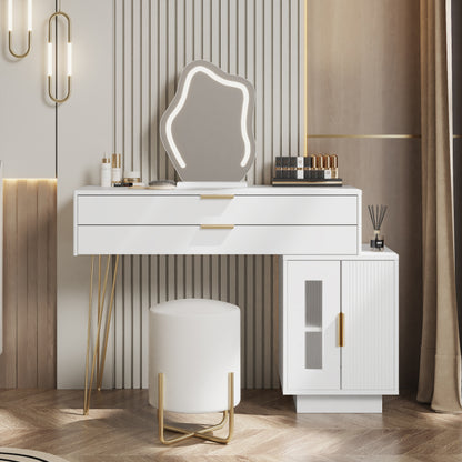 Schminktisch mit LED-beleuchtetem Spiegel, Weißes Schminktisch-Set mit ausziehbarem Design, moderner Kosmetiktisch für das Schlafzimmer  - Maße:B100/H78/T40 cm (ohne Hocker)