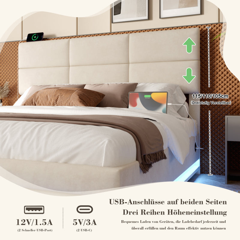 140x200 cm Modernes Velours-Polsterbett mit höhenverstellbarem Kopfteil - Inkl. USB/Type-C-Anschlüssen, LED-Ambientebeleuchtung, hydraulischem Lift-System & XXL-Stauraum (ohne Matratze) - Beige