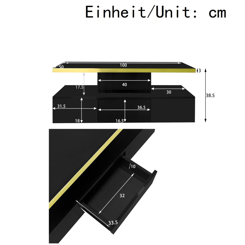 Couchtisch, Tisch mit Schubladen, Hochglanzlackierung, Beistelltisch mit zwei Ablageebenen. Mit LED-Licht