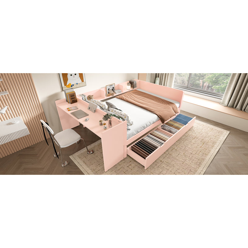 Flachbett, Holzbett, 140x200cm, mit Schreibtisch, ausgestattet mit 2 Schubladen, Doppelbett(Ohne Matratze), mit Regalen, Kiefer + Spanplatte, Rosa