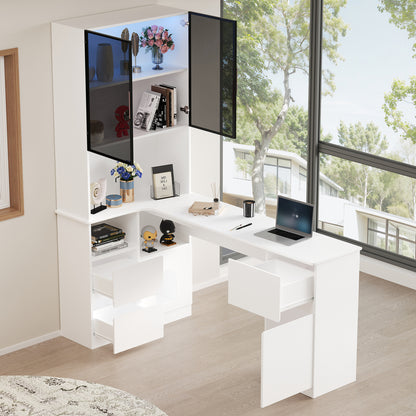 Eckschreibtisch mit Regal 180 cm, Schreibtisch Weiß mit LED-Vitrine (7 Farben), Katzenfach (Haustierfach)