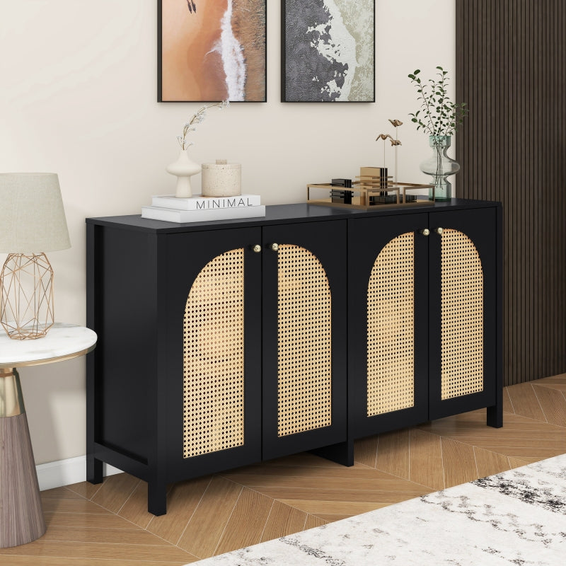 Modernes Sideboard im minimalistischen Stil 4-Rattantür, Metallgriff einfaches Buffetschrank für Esszimmer, Wohnzimmer, Küche (Schwarz)