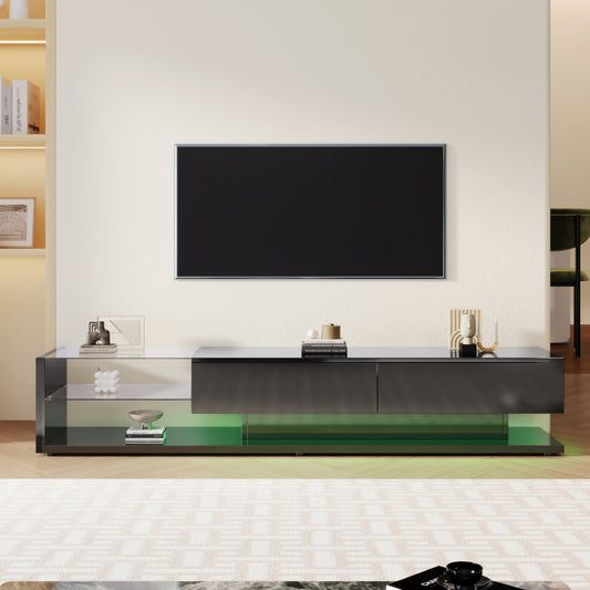 TV-Schränke, Lowboards, Hochglanz-Wohnzimmermöbel. Glastrennwände und variable LED-Beleuchtung. Es verbindet natürlichen, rustikalen Stil mit modernem Design.