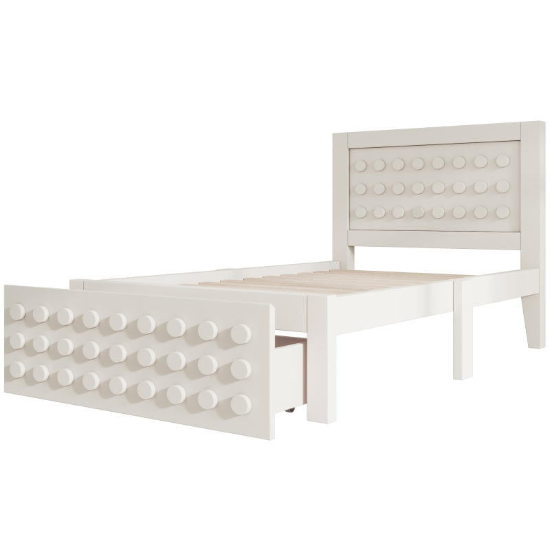 Holzbett Einzelbett 90x200 cm, Kinderbett Jugendbett mit Kreativem Block Design, Massivholz Bettgestell mit Lattenrost, mit Schubladen & Unterm Bett Stauraum, Weiß, Ohne Matratze