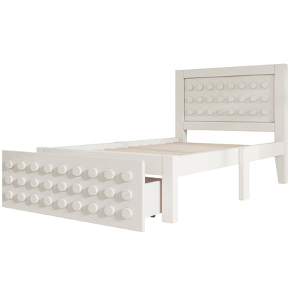Holzbett Einzelbett 90x200 cm, Kinderbett Jugendbett mit Kreativem Block Design, Massivholz Bettgestell mit Lattenrost, mit Schubladen & Unterm Bett Stauraum, Weiß, Ohne Matratze