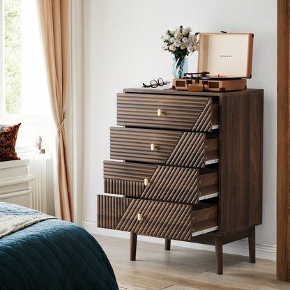 Kommode mit 4 Schubladen, Aufbewahrungsschrank aus Holz, Frisiertisch-Aufbewahrungsschrank für Wohnzimmer, Schlafzimmer, Flur, Walnuss