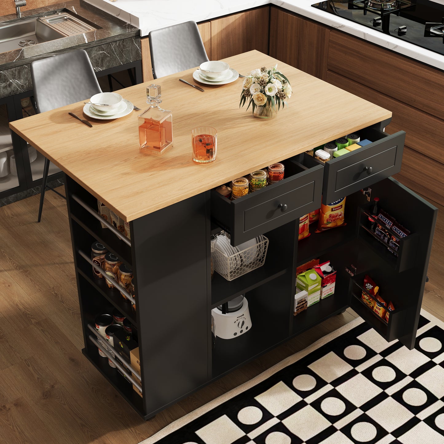 Kücheninsel mit Arbeitsplatte Küchenschrank Schwarz Esszimmerwagen mit Snackhalter und Weinglasregal Buffetschrank Trennwände Holzmaserung