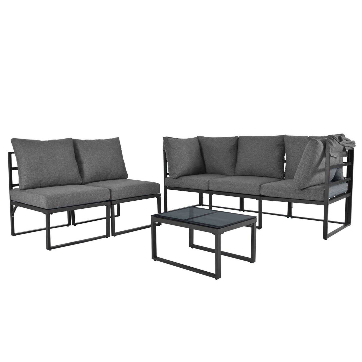 Garten Loungesessel Set, Iron Sunny Island Sitzgruppe Hocker und Tisch mit Markise 4er Set Balkon und Garten Loungemöbel Terrassenmöbel Wetterfest Grau Inkl. aller Kissen(previous sku:HW24006AAA)