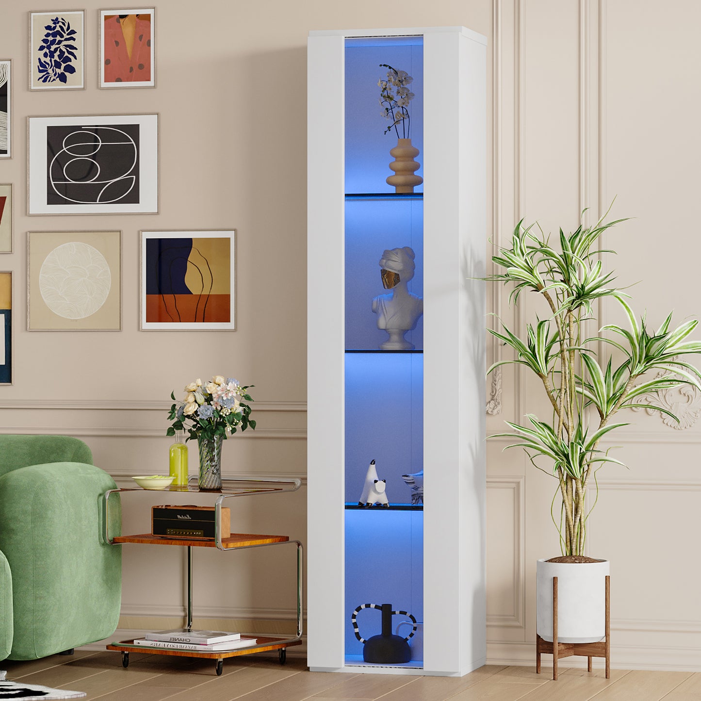 multifunktionale Vitrine, Glastrennwand, LED-Farbwechsel Licht, schlichtes Design, weiß