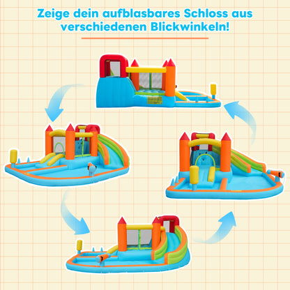 [Multifunktionale Outdoor-Hüpfburg] Mit Gebläse, Wasserrutsche + Trampolin + Basketballkorb + Wasserpistole, 2 Poolbereiche, 1 große und 1 kleine Rutsche, für trockene und nasse Nutzung, ein Wasserpar