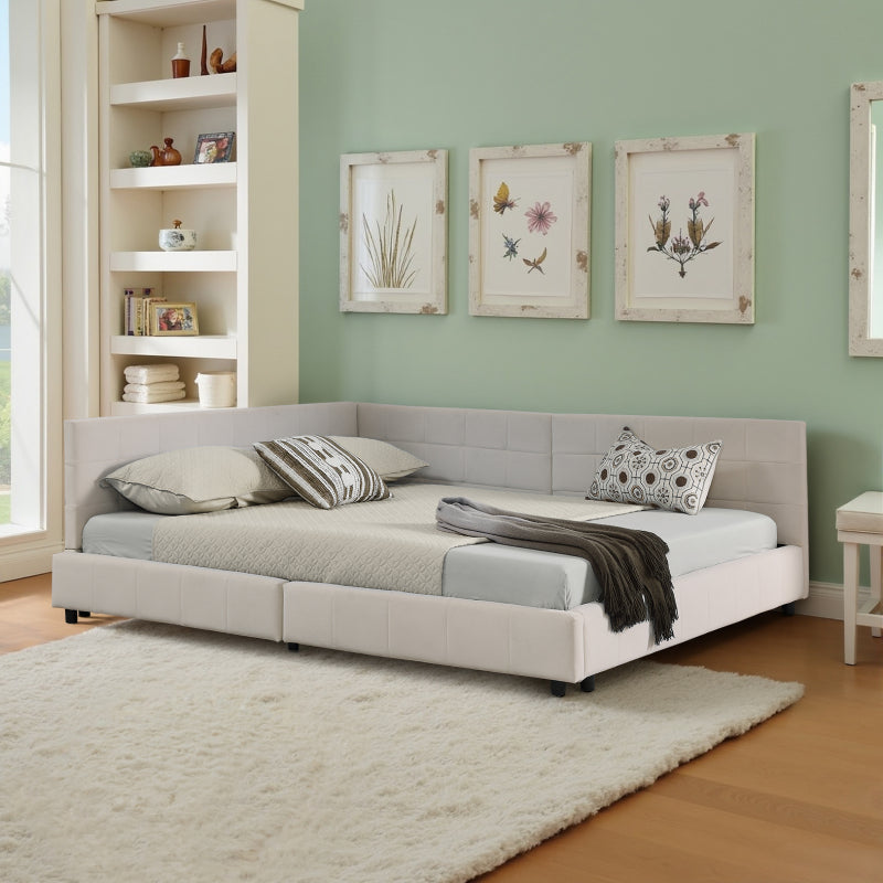 Doppelbett 140x200 cm, weiches hautfreundliches Samt, L-förmiges Eck Bettgestell, robuste Eukalyptus- und Eisenlatten, Beige (ohne Matratze)