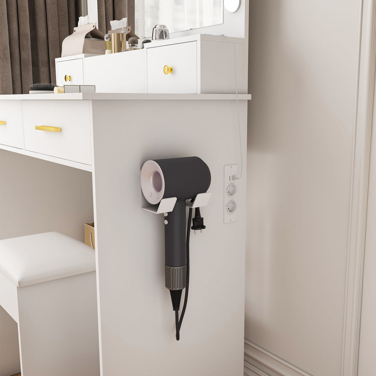 Schminktisch LED, 3 Stufen, Steckdose, 4 Schubladen, inkl. Hocker, Weiß