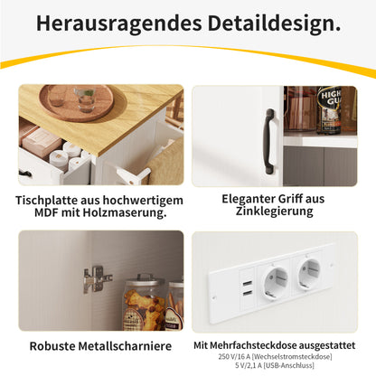 Kücheninsel, Küchenwagen mit Steckdosenleiste ausgestattet, Küchenschrank, Abnehmbare Servierwagen mit Weinregal,buffetschrank, Speisewagen mit Holzmaserung, buffetschrank, weiß
