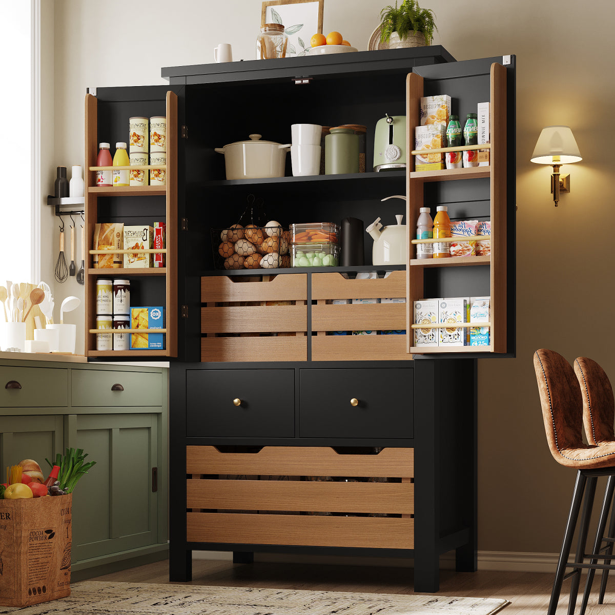 Küchenschrank 140cm hoch, Buffet-Schrank mit 2 Türen & 5 Schubladen, Mehrzweckschrank Schwarz, Sideboard Vorratsschrank mit Kippschutz, 80x40cm
