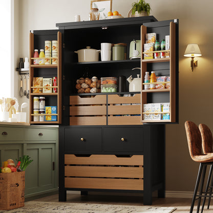 Küchenschrank 140cm hoch, Buffet-Schrank mit 2 Türen & 5 Schubladen, Mehrzweckschrank Schwarz, Sideboard Vorratsschrank mit Kippschutz, 80x40cm