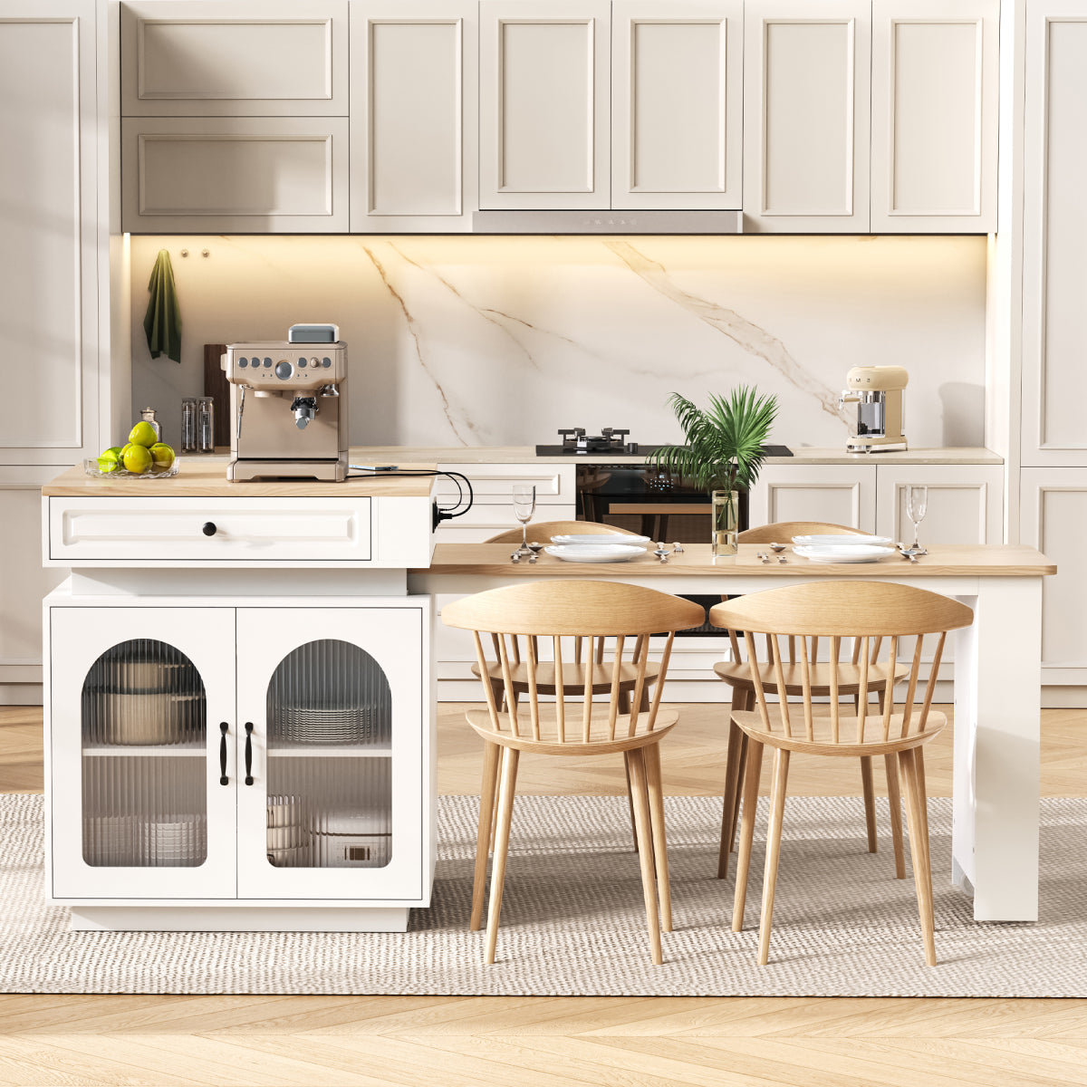 Kücheninsel mit Rollen, ausziehbarer Esstisch 128–200 cm mit LED & Steckdosen, Bartisch/Sideboard