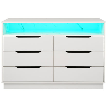 Sideboard, Kommode mit LED-Beleuchtung und 6 Schubladen, Staufach mit Marmorkorn, Moderner Schrank für Wohnzimmer und Schlafzimmer, 120x40x85cm, Weiß