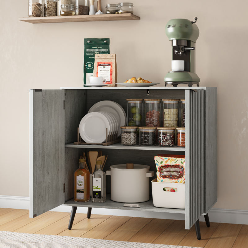 Seitenschrank mit Nutentwurf, unabhängiger Buffetschrank mit verstellbarem Regal, passend für Wohnzimmer, Flur, Eingang, Grau