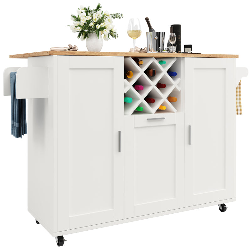 Kücheninsel mit herausnehmbaren Trennwänden, Küchenschrank, Esszimmerwagen mit Arbeitsplatte, Buffetschrank, Esszimmerwagen mit Holzmaserung, seitlicher Handtuchhalter mit Flaschenhalter, weiß