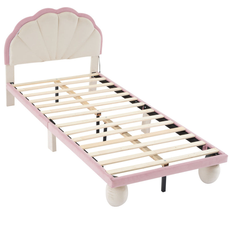 Polsterbett mit mehrfarbigen, wechselnden LED Lichtstreifen, Kopfteil mit Wellenschliff, mit gepolsterter runden Beine, Kinderbett mit Holzlatten, Einzelbett, Samt, Beige+Rosa, 90x200cm