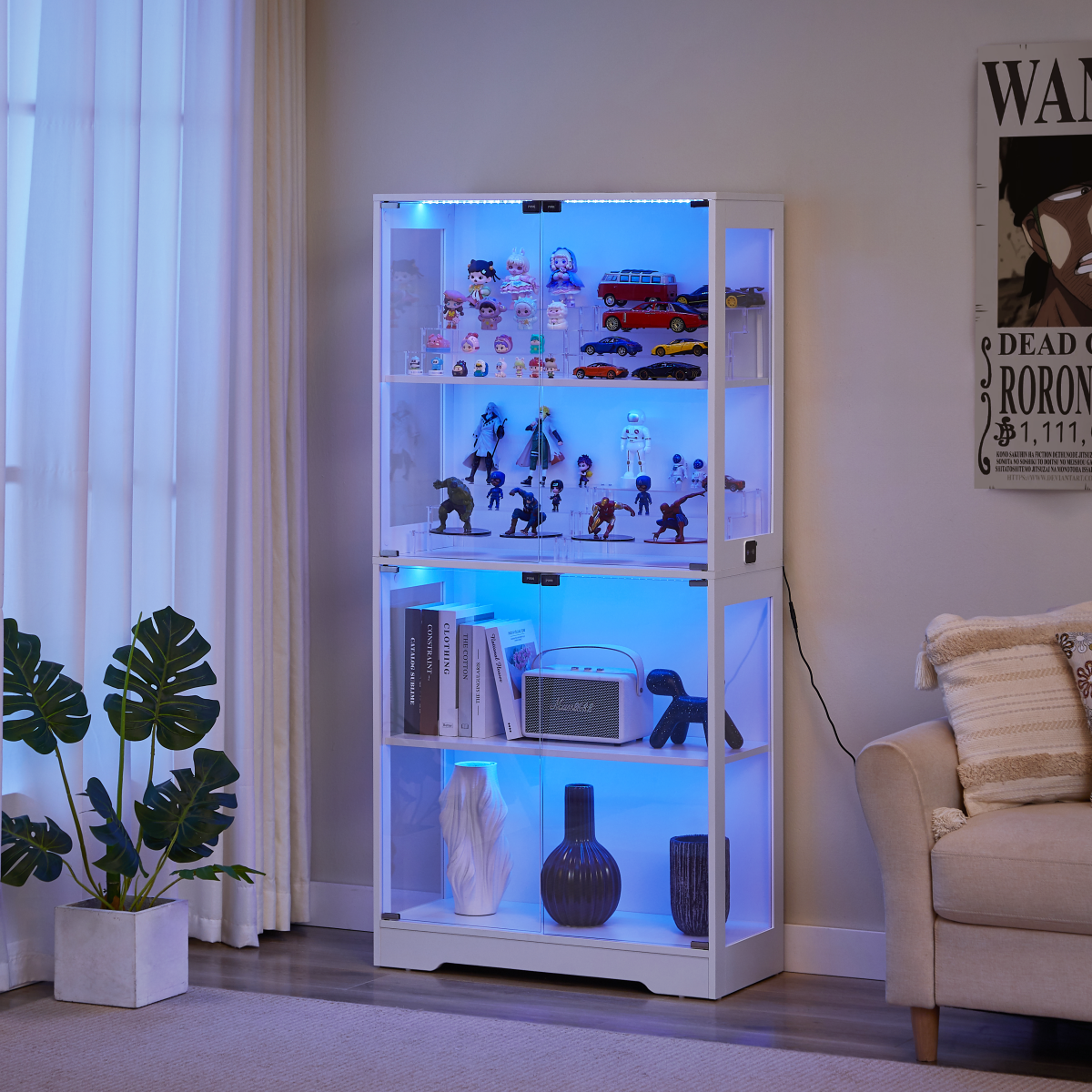 Glasvitrine Weiß 165 cm hoch, Vitrinenschrank mit LED (3 Farben) & Bewegungssensor, 4 verstellbare Böden