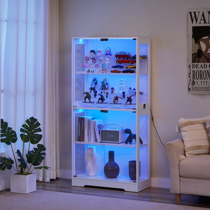 Glasvitrine Weiß 165 cm hoch, Vitrinenschrank mit LED (3 Farben) & Bewegungssensor, 4 verstellbare Böden