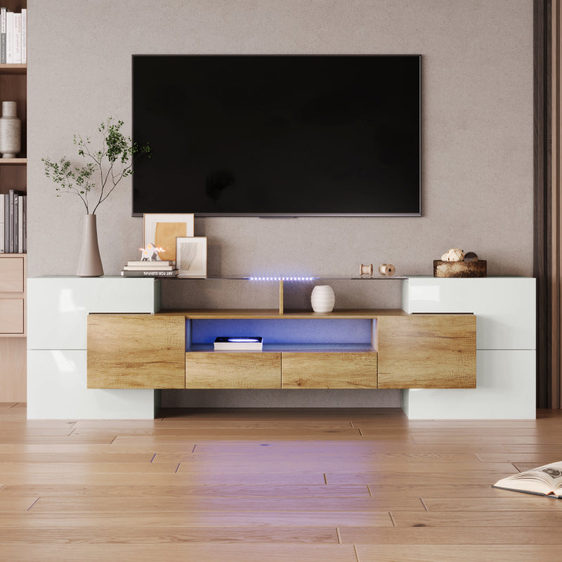 Stilvoller TV-Schrank, Lowboard.hochglänzendes Weiß, 200 cm, LED-Beleuchtung, Wohnzimmermöbel.  modernes Design. elegante Glasoberfläche.