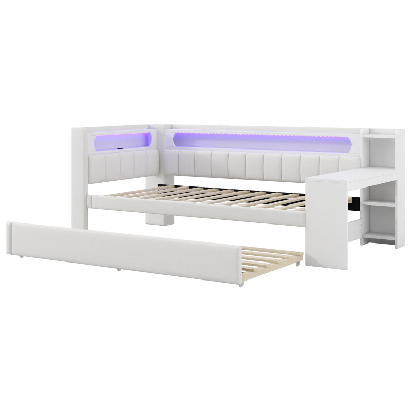 Gepolstertes 90x200 Tagesbett mit USB-Anschlüssen und LED-Gürtel, mit Ausziehbett und Schreibtisch, Weiß