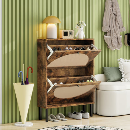 Schuhschrank mit zwei Türen, austauschbaren halbrunden Türfronten und Rattan-Oberfläche, geeignet für den Eingangsbereich und andere Szenen, Vintage-Braun