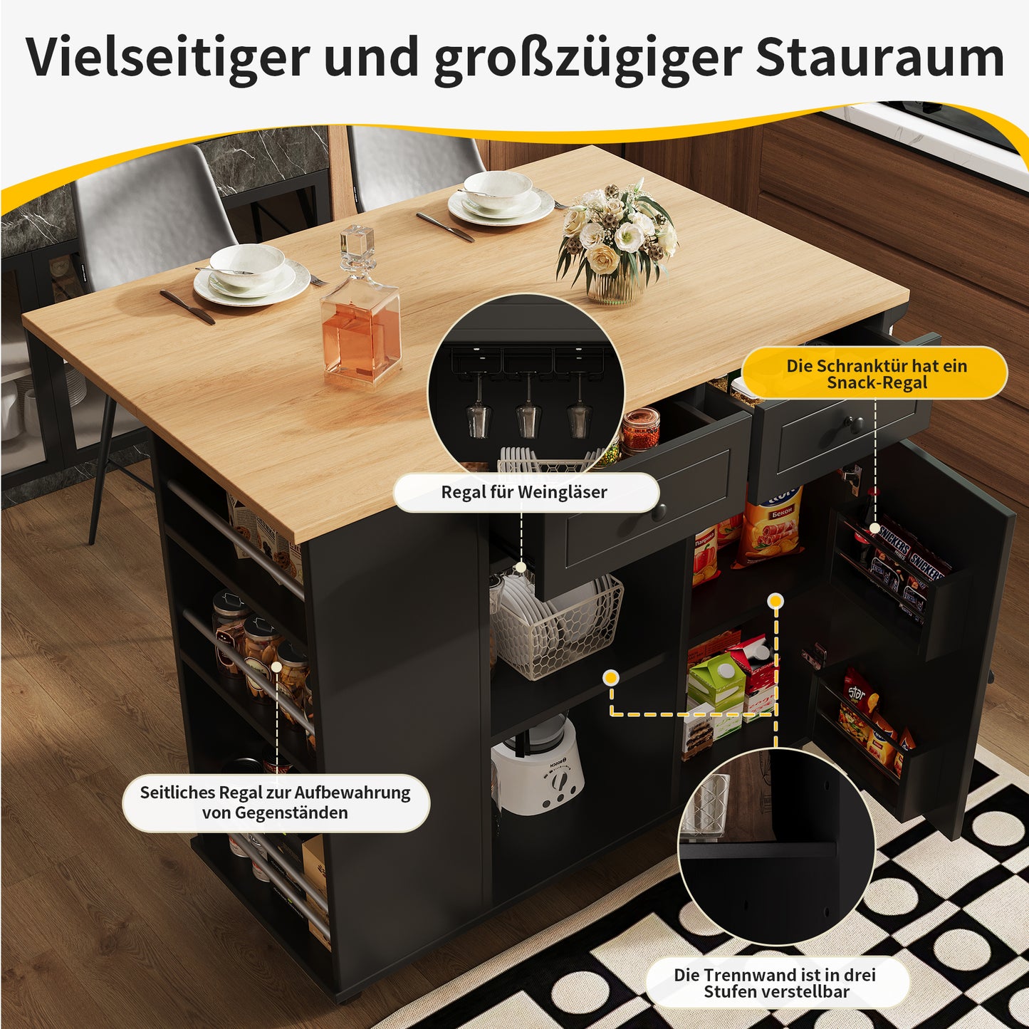 Kücheninsel mit Arbeitsplatte Küchenschrank Schwarz Esszimmerwagen mit Snackhalter und Weinglasregal Buffetschrank Trennwände Holzmaserung