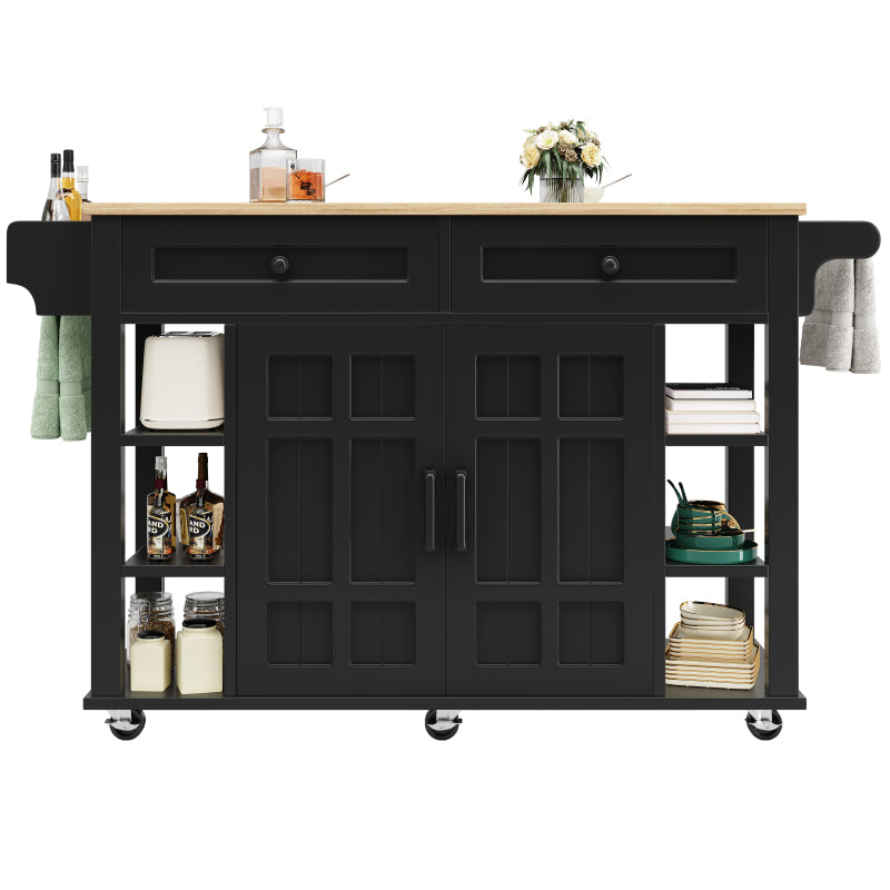 Kücheninsel mit herausnehmbaren Trennwänden, Esszimmerwagen mit Arbeitsplatte, Buffetschrank, Esszimmerwagen mit Holzmaserung, Handtuchhalter beidseitig mit Rollen, schwarz